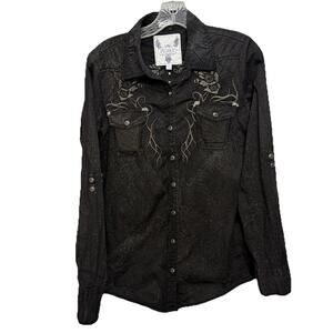 ROAR Western Shirt Women L Black Embroidered Rhinestone Snap Roll Tab